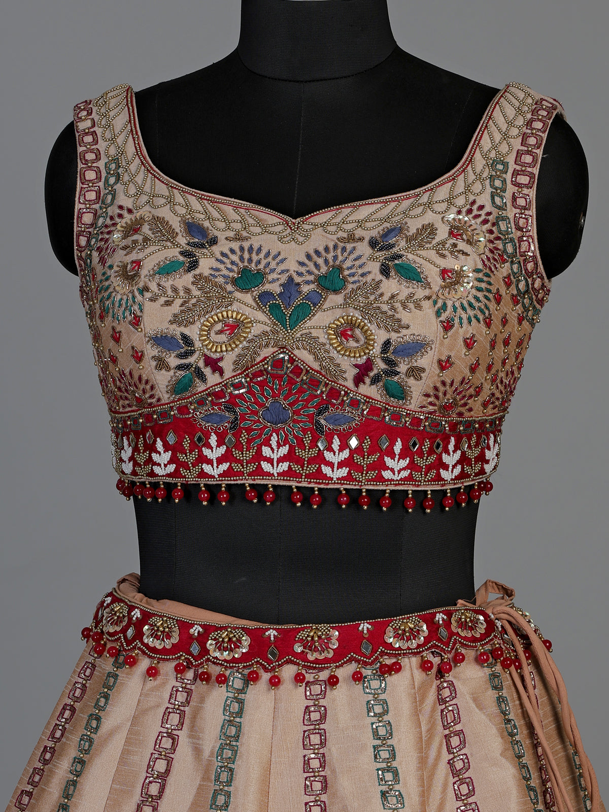 Peach mirror embellished women’s raw silk lehenga choli