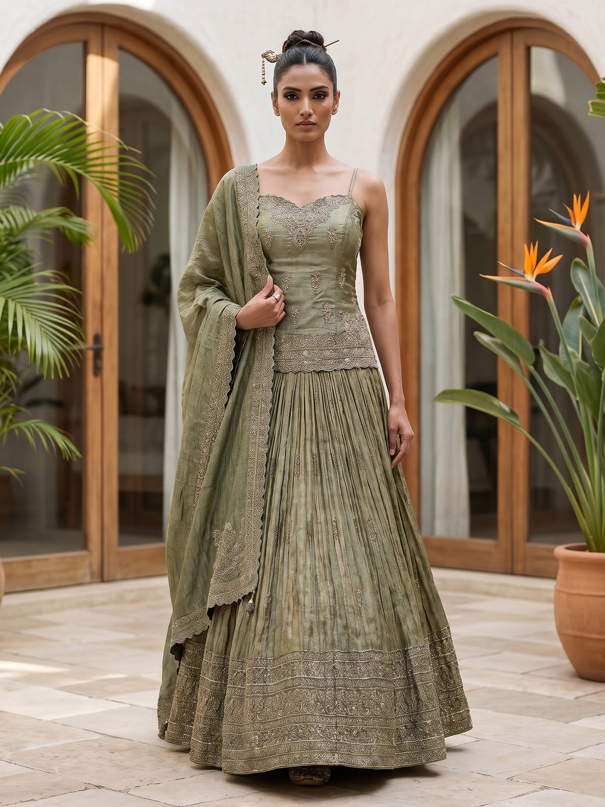 Green zardosi embellished women’s shimmer silk lehenga choli