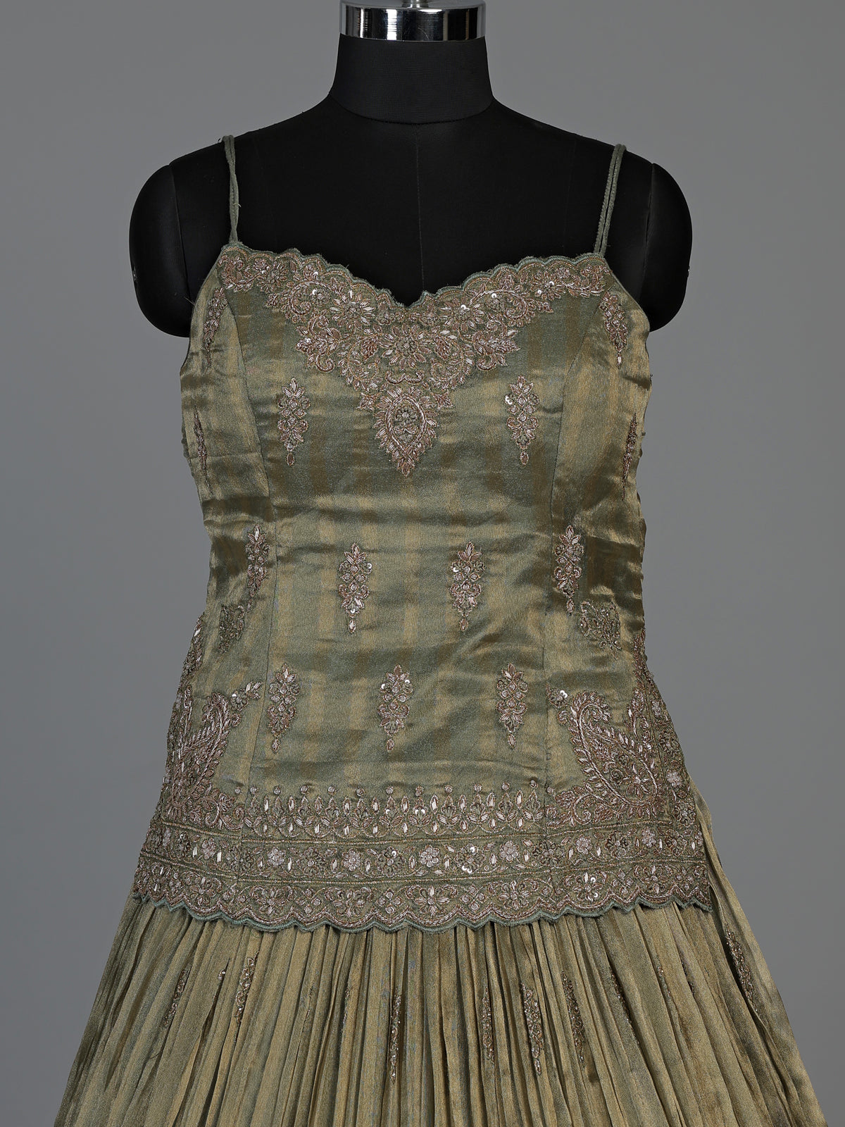 Green zardosi embellished women’s shimmer silk lehenga choli