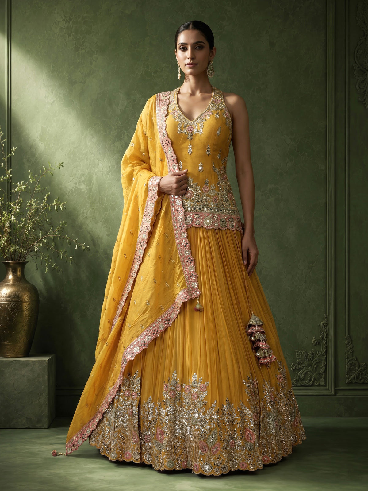 Yellow aabla zari embellished women’s shimmer silk lehenga choli