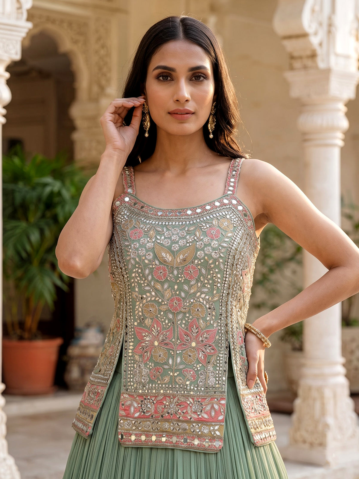 Green aabla zari embellished women’s shimmer silk lehenga choli