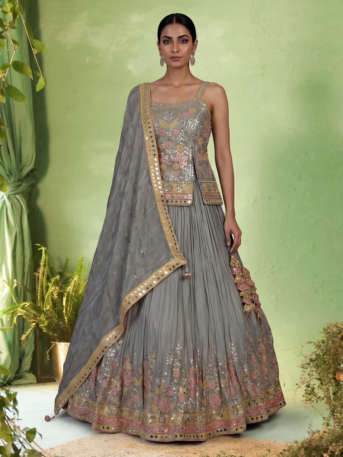 Grey aabla zari embellished women’s shimmer silk lehenga choli