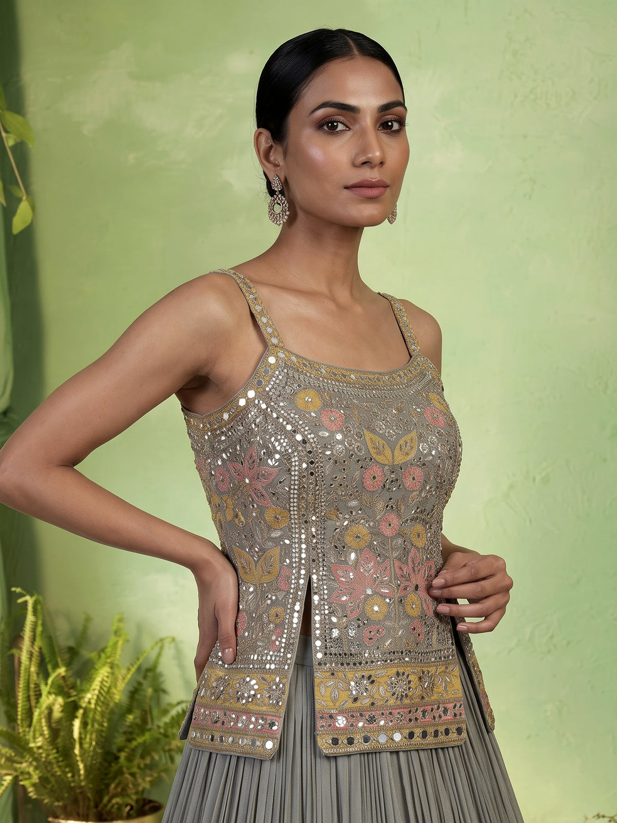 Grey aabla zari embellished women’s shimmer silk lehenga choli