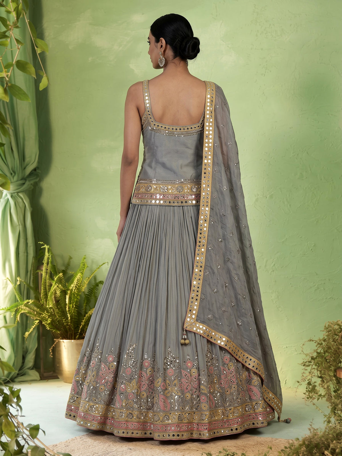 Grey aabla zari embellished women’s shimmer silk lehenga choli