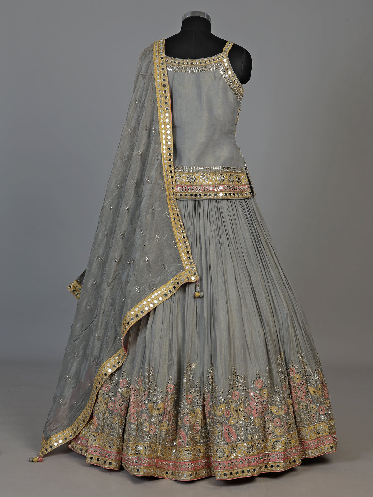 Grey aabla zari embellished women’s shimmer silk lehenga choli