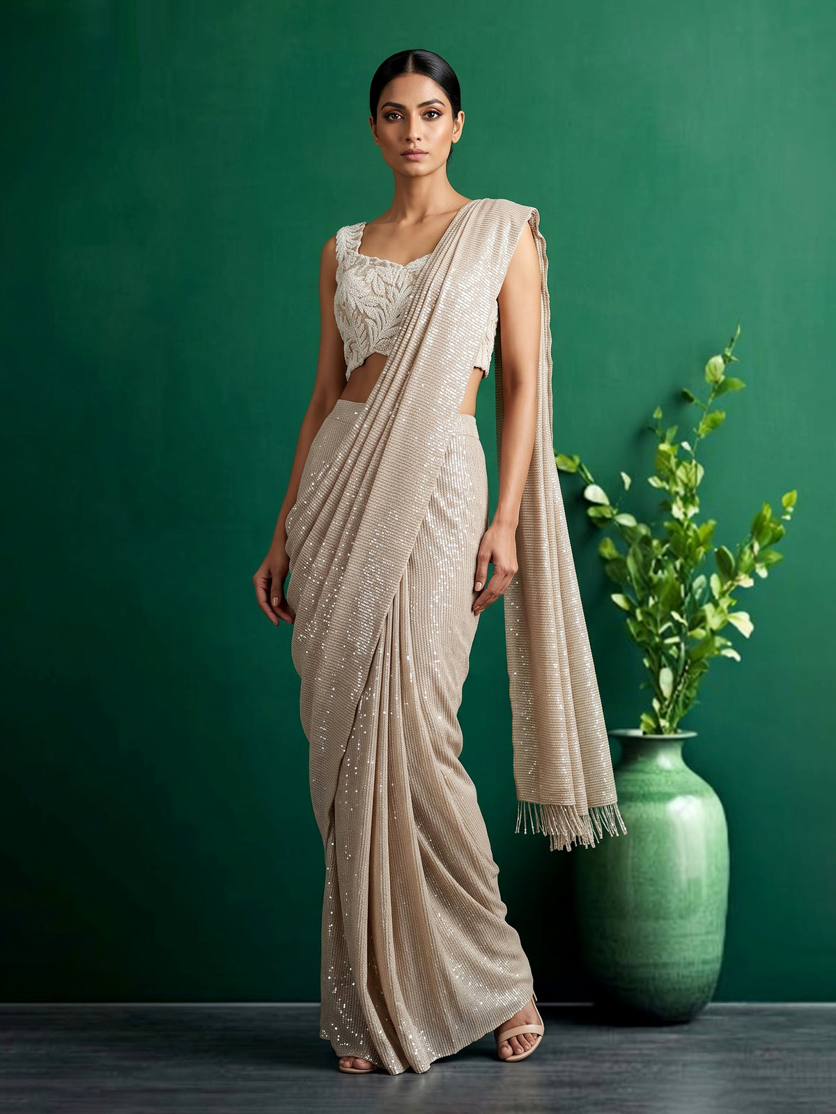 Beige designer ready to wear premium saree for women