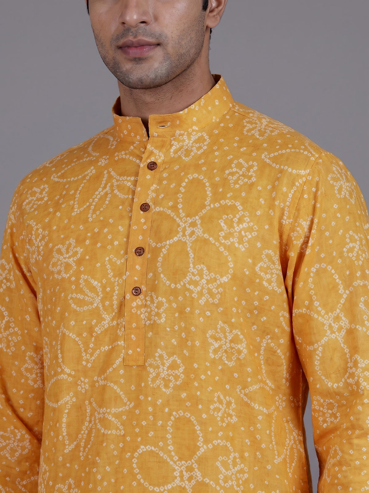 Yellow cotton silk floral Bandhej mens kurta pajama