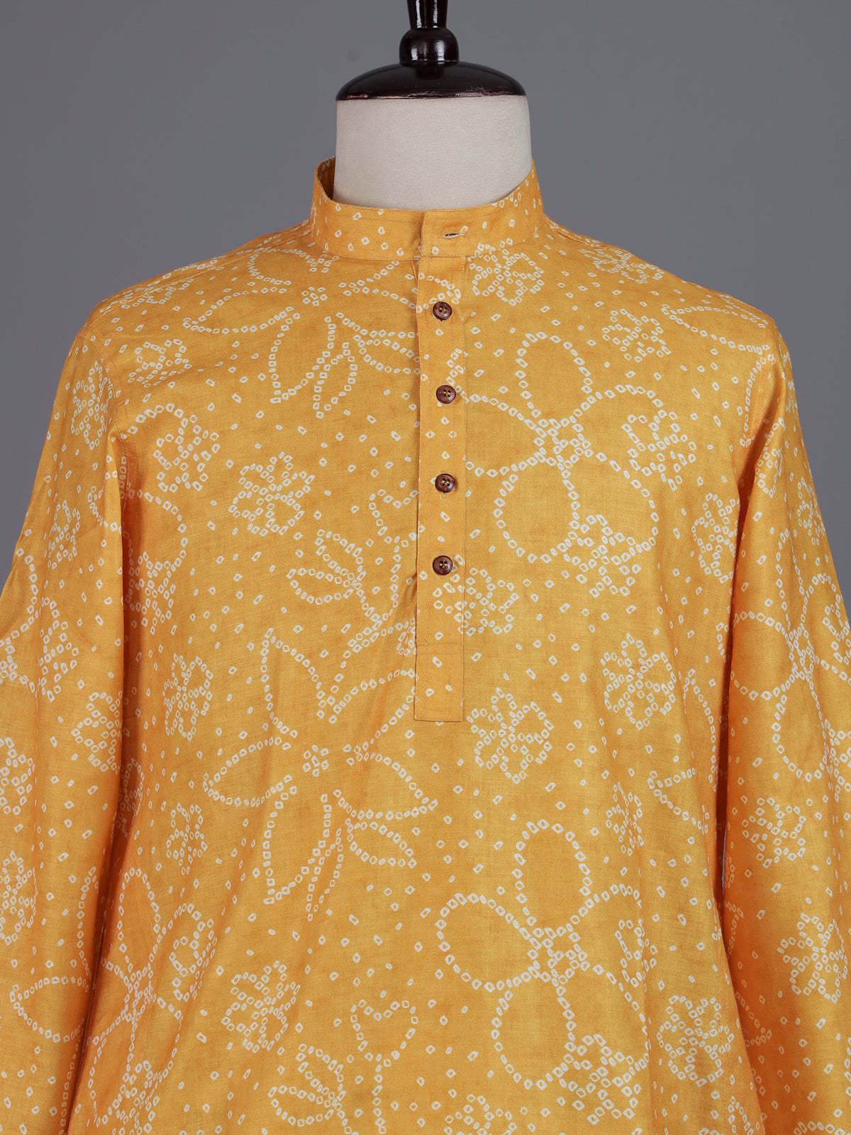 Yellow cotton silk floral Bandhej mens kurta pajama