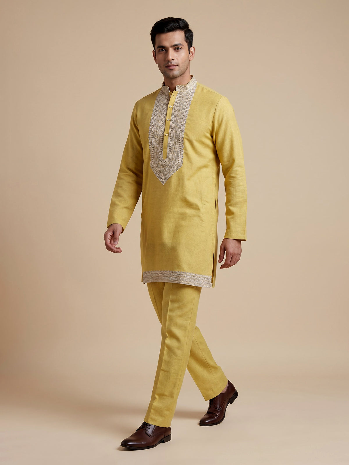 Light yellow cotton linen zardosi mens kurta pajama