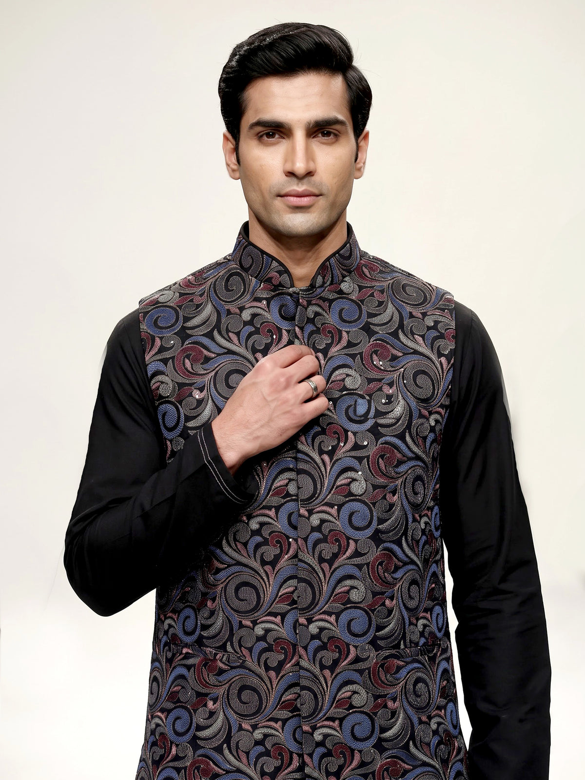 Black resham embellished viscose silk waistcoat set