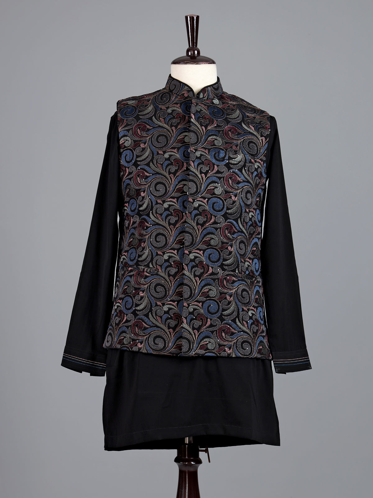 Black resham embellished viscose silk waistcoat set