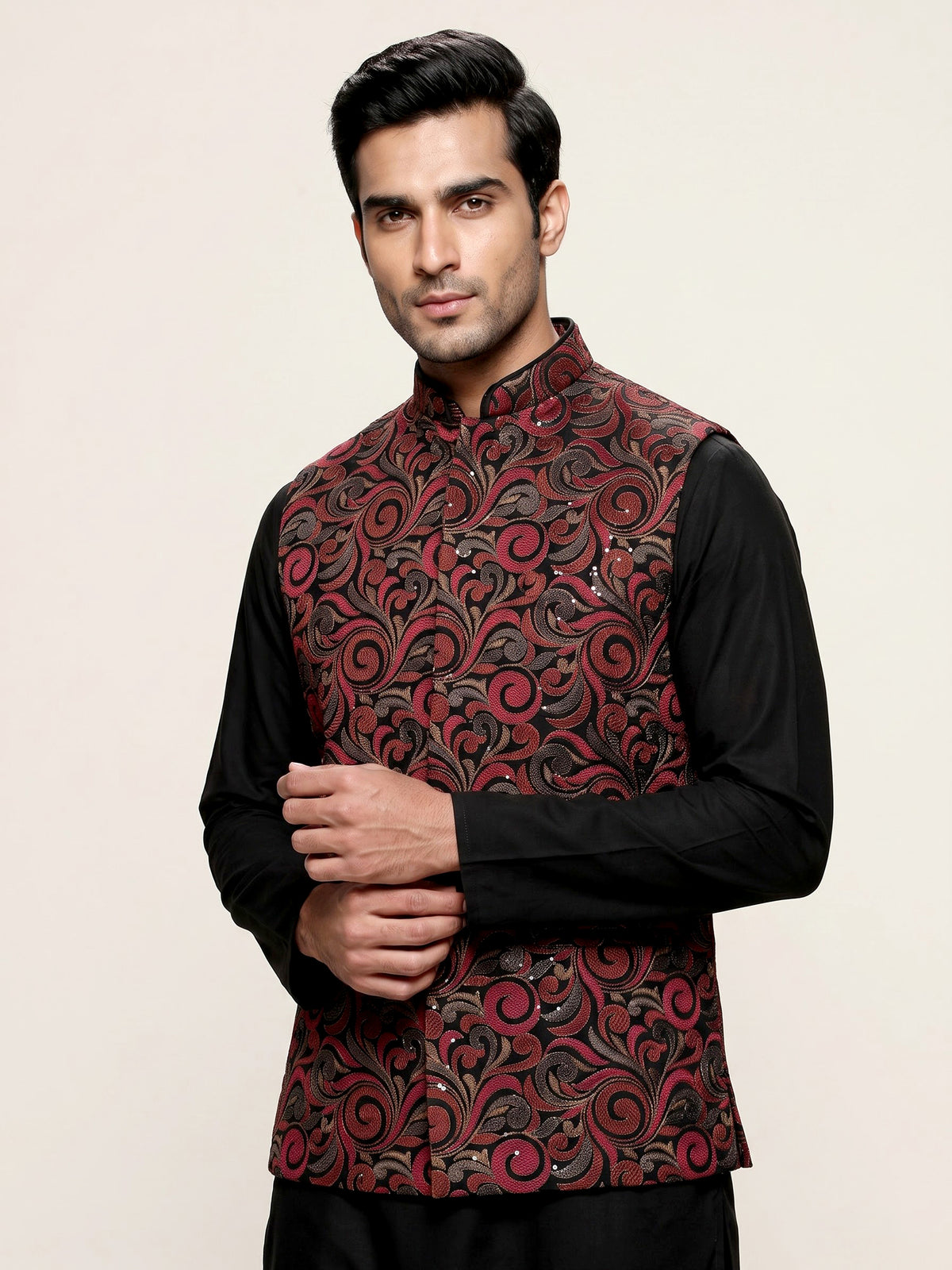 Red resham embellished viscose silk waistcoat set for men