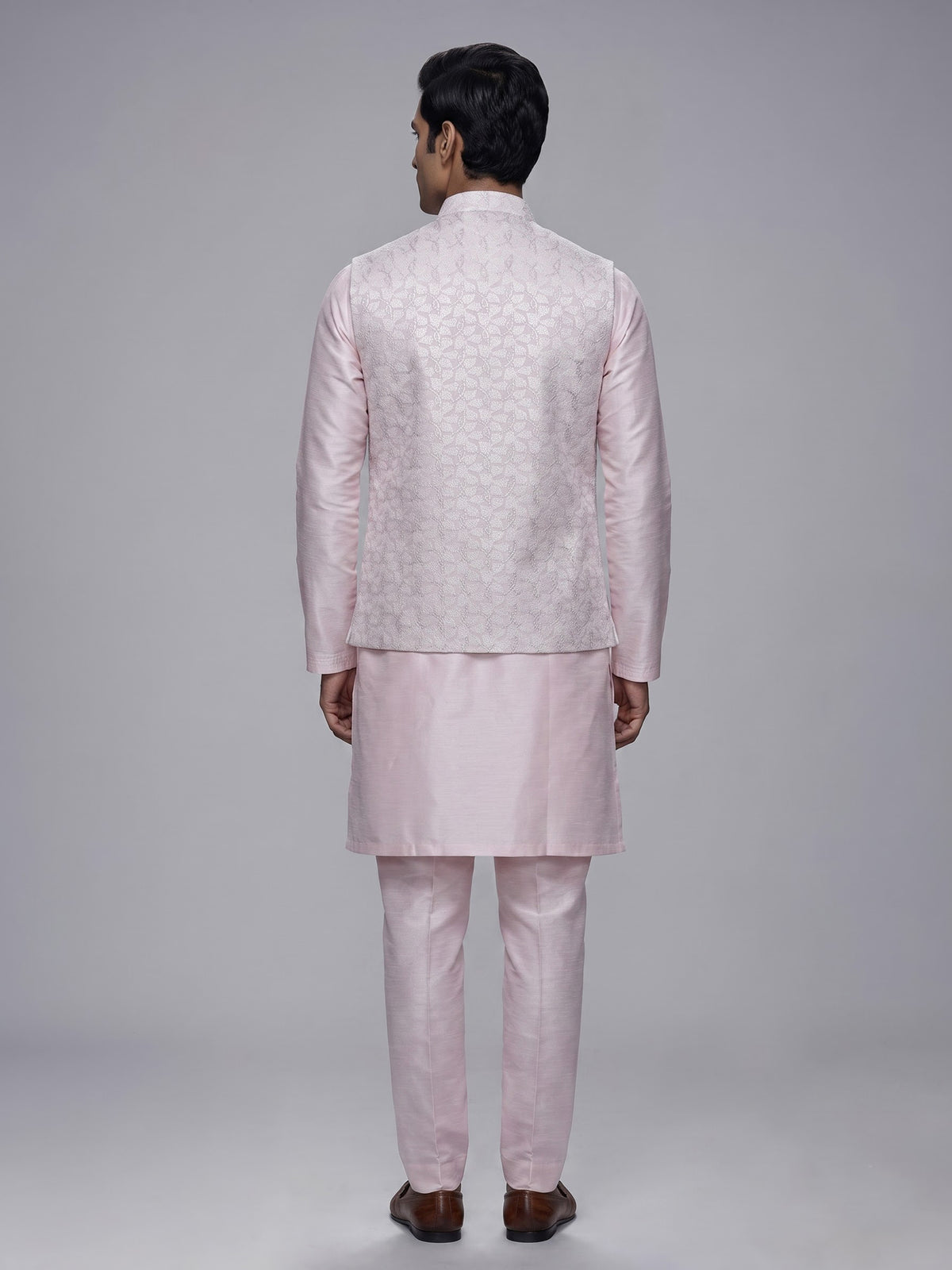 Light pink resham embroidered viscose silk waistcoat set