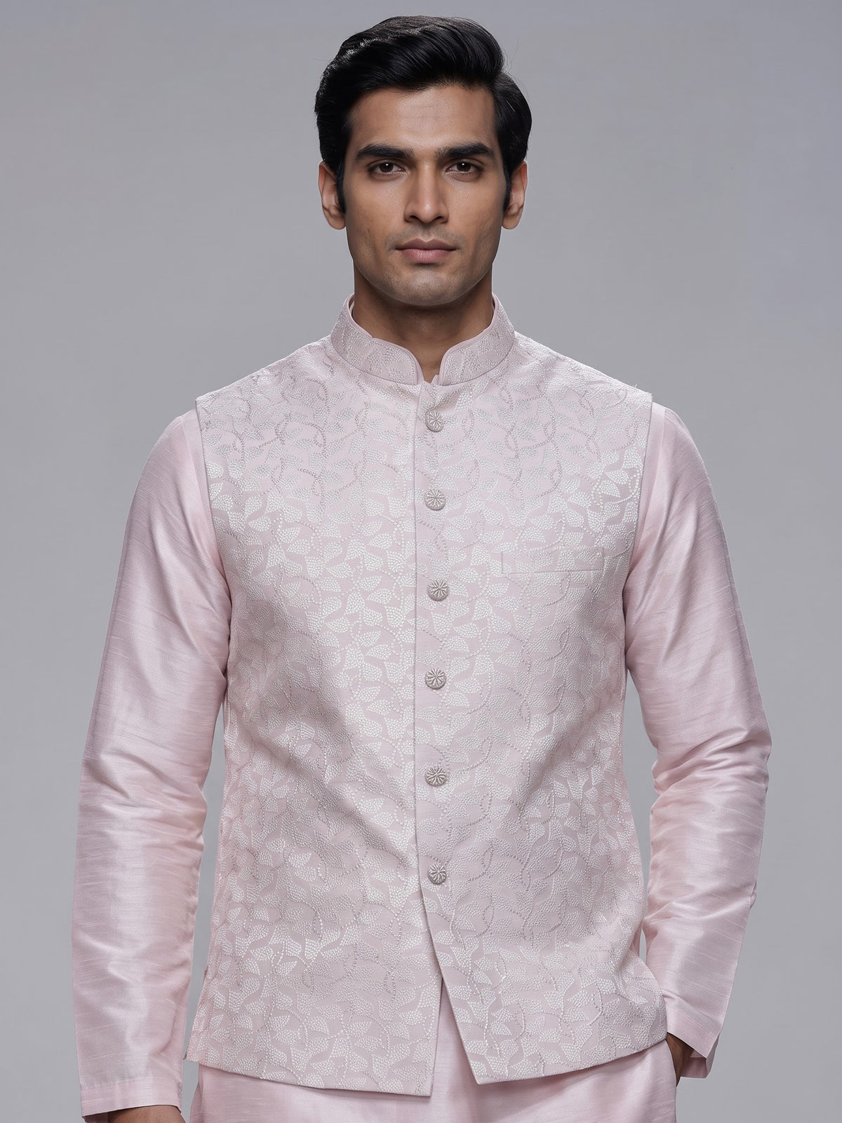 Light pink resham embroidered viscose silk waistcoat set