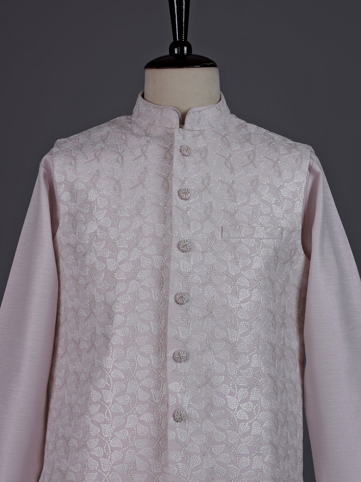 Light pink resham embroidered viscose silk waistcoat set