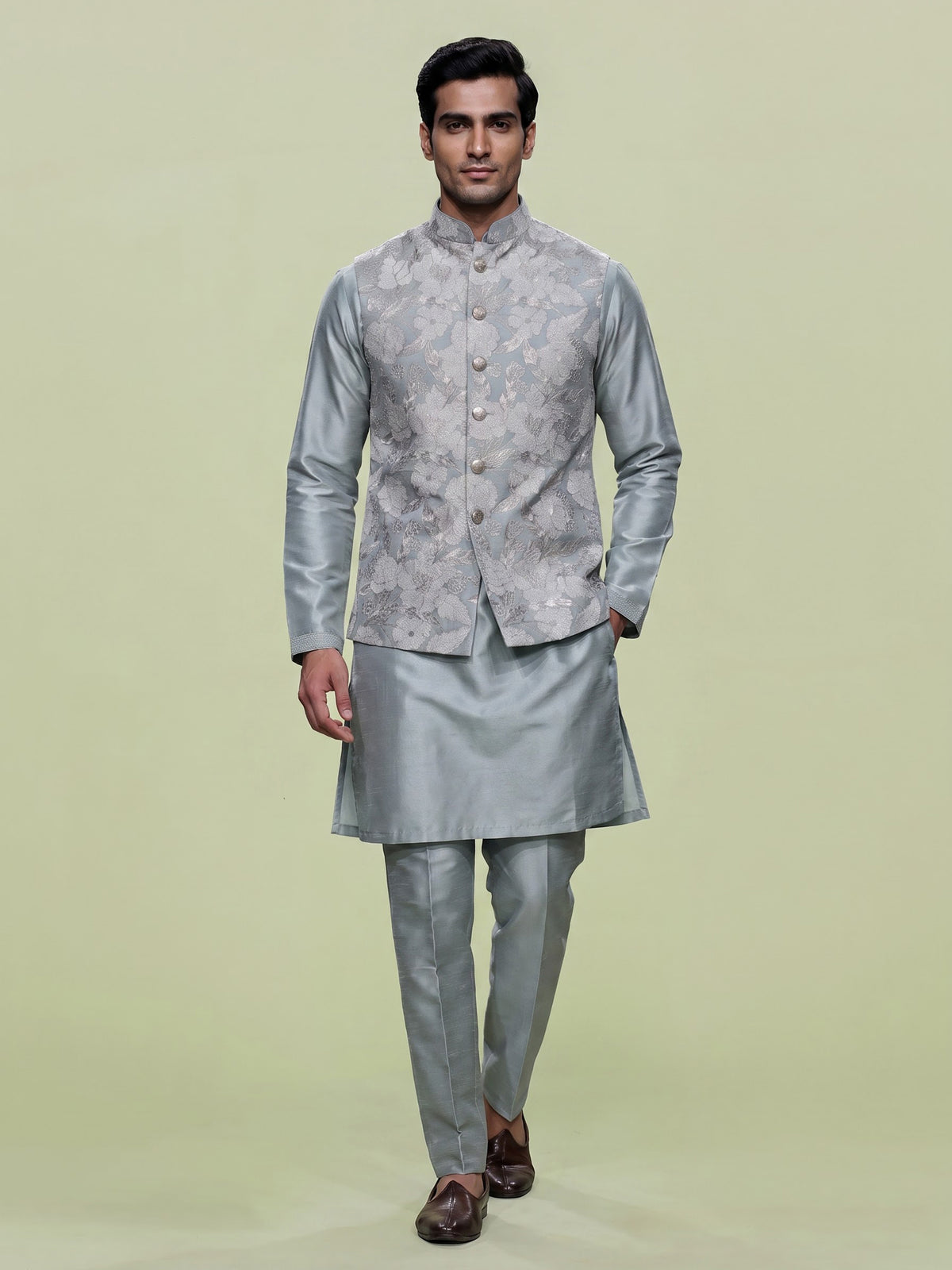 Sea blue thread embroidered viscose silk waistcoat set