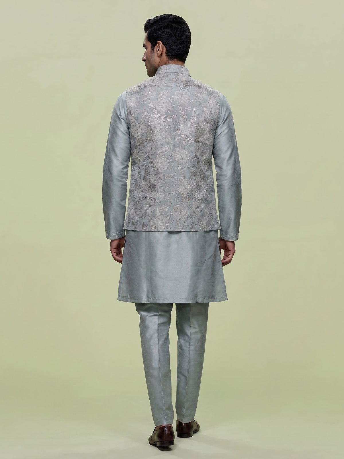 Sea blue thread embroidered viscose silk waistcoat set