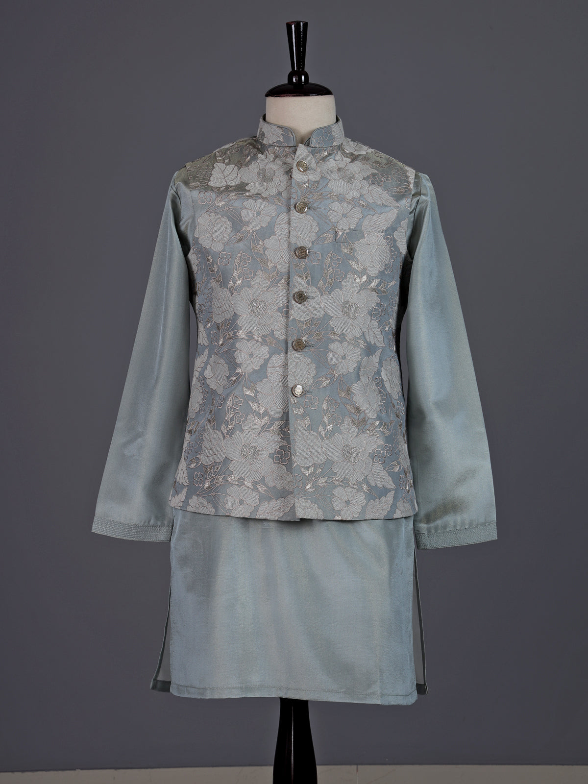Sea blue thread embroidered viscose silk waistcoat set