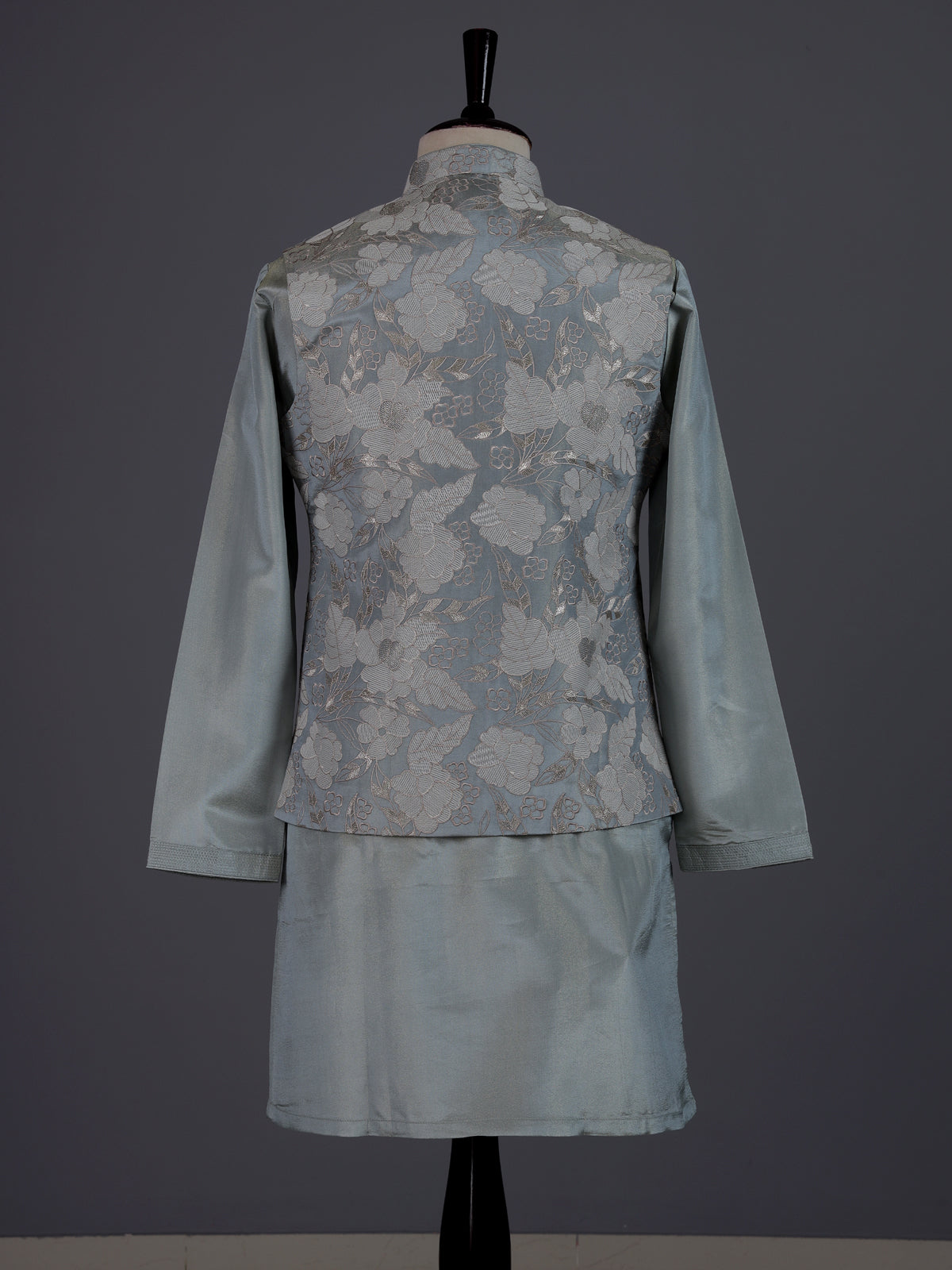 Sea blue thread embroidered viscose silk waistcoat set