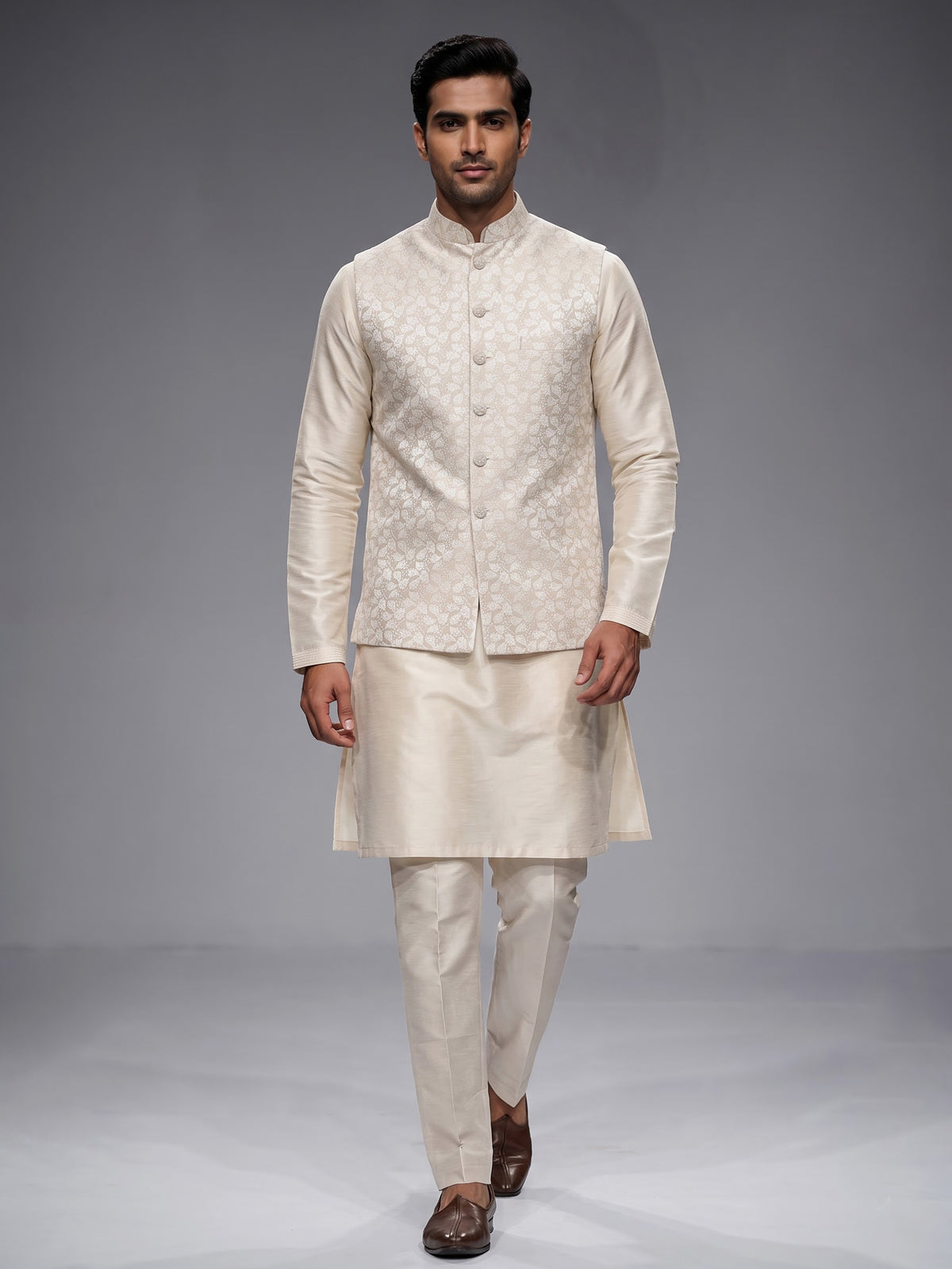 Beige zari embroidered viscose silk waistcoat set