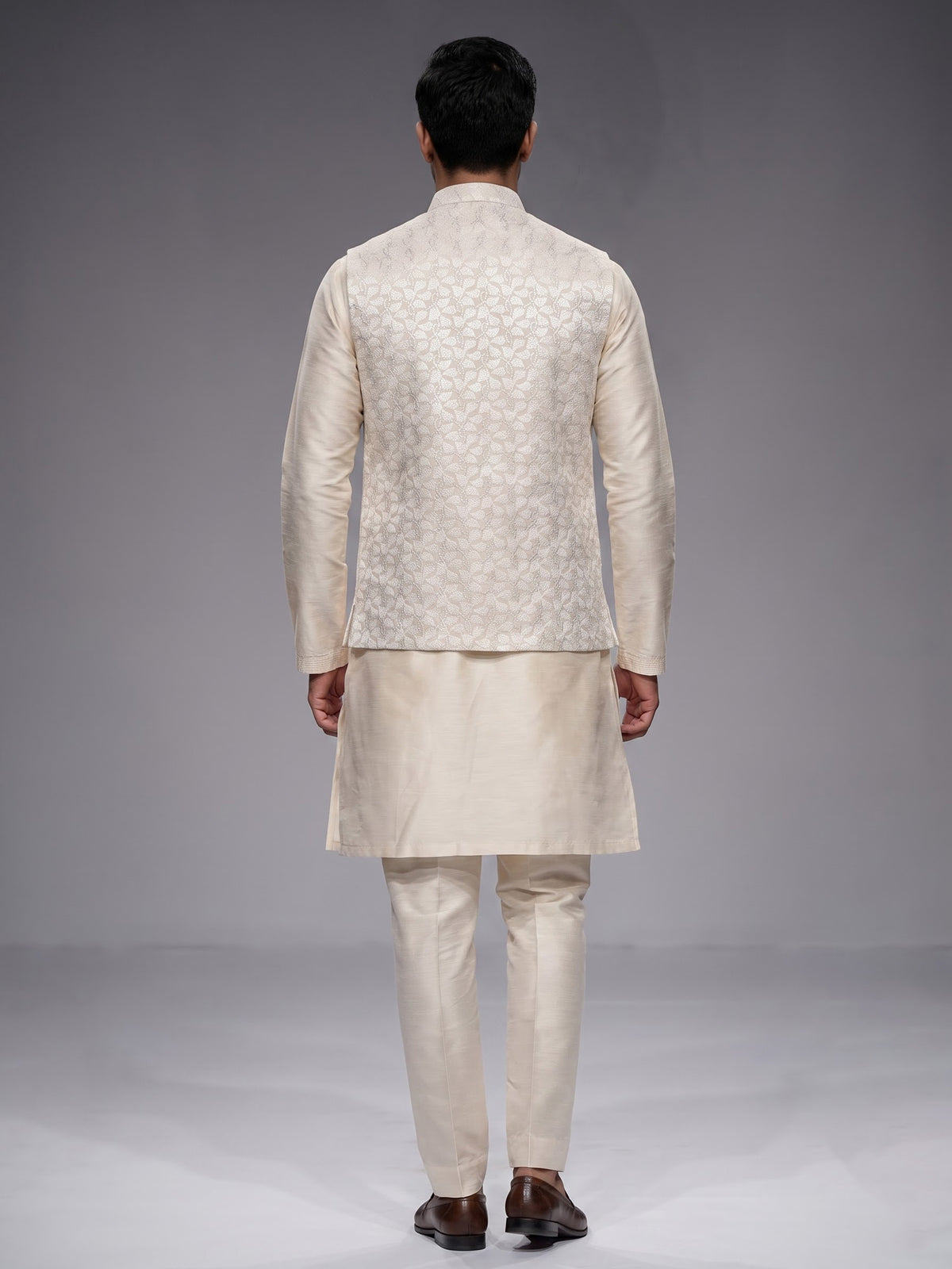 Beige zari embroidered viscose silk waistcoat set