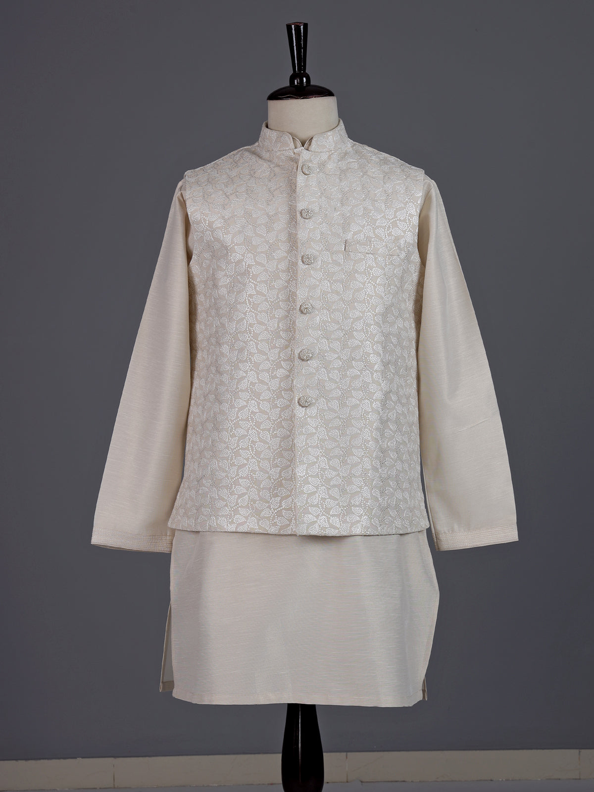 Beige zari embroidered viscose silk waistcoat set
