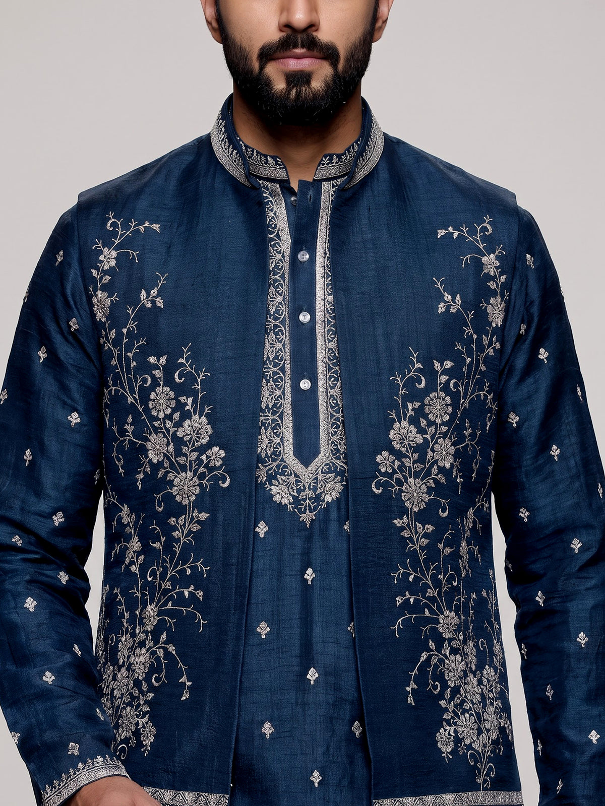 Teal blue embellished silk waistcoat set