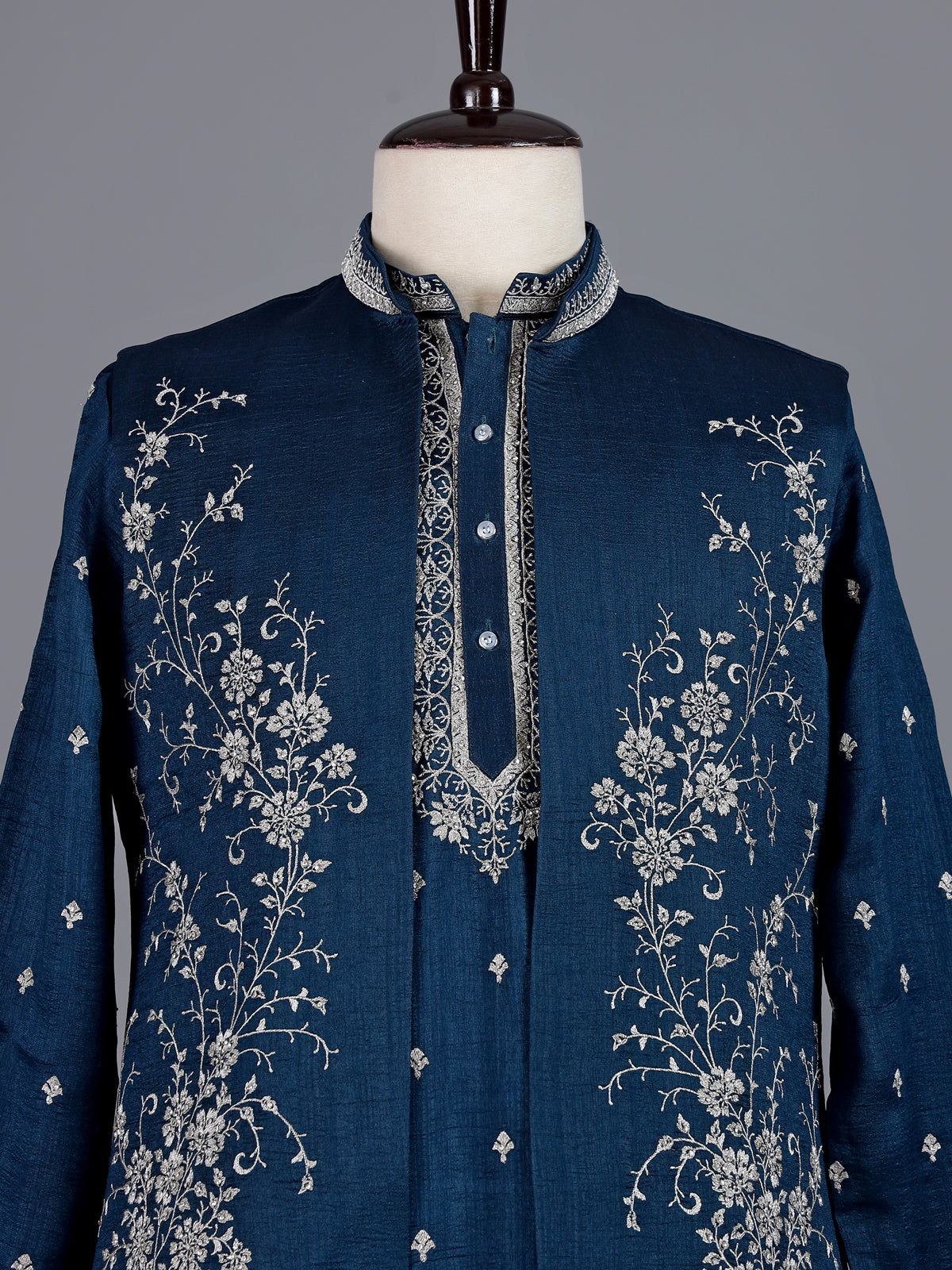 Teal blue embellished silk waistcoat set