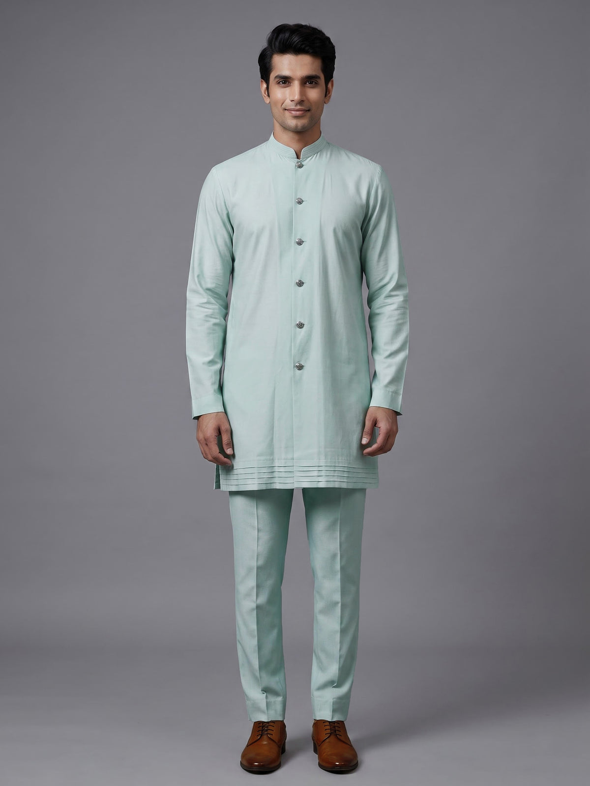 Powder mint blue embellished mens indo western bandhgala jacket