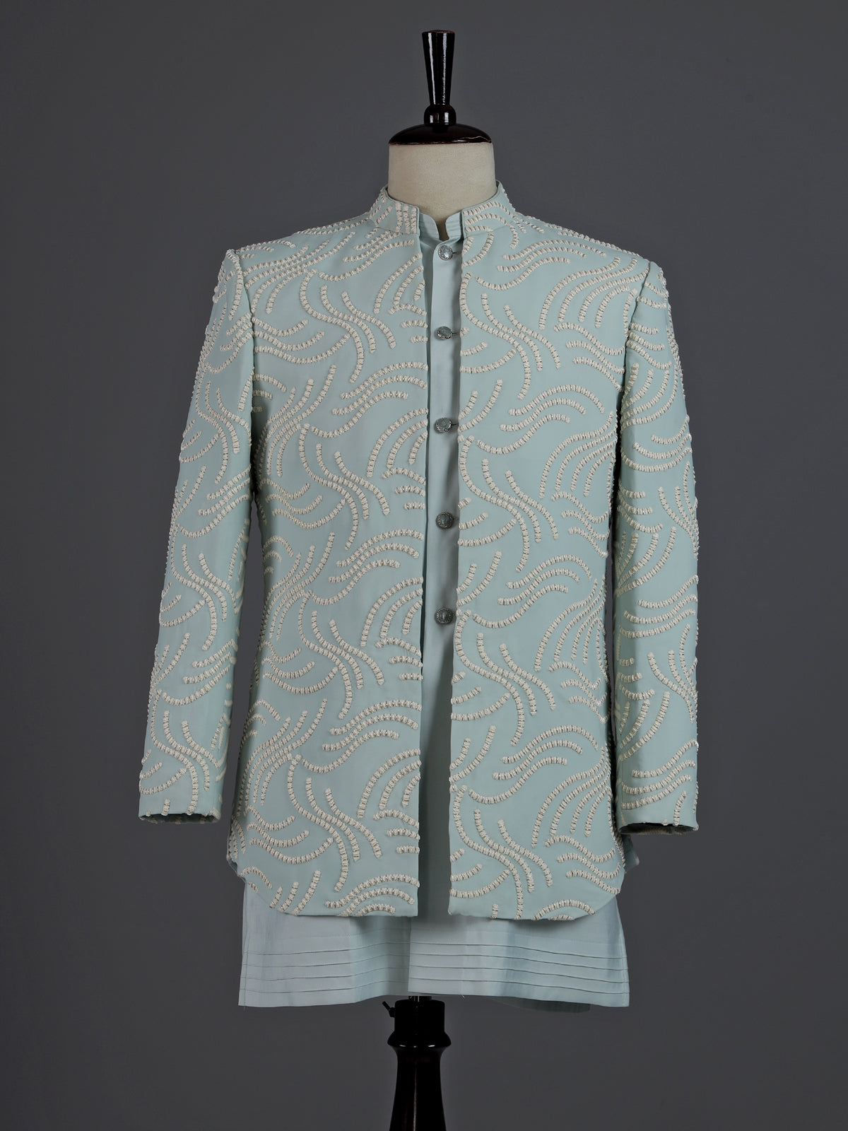 Powder mint blue embellished mens indo western bandhgala jacket