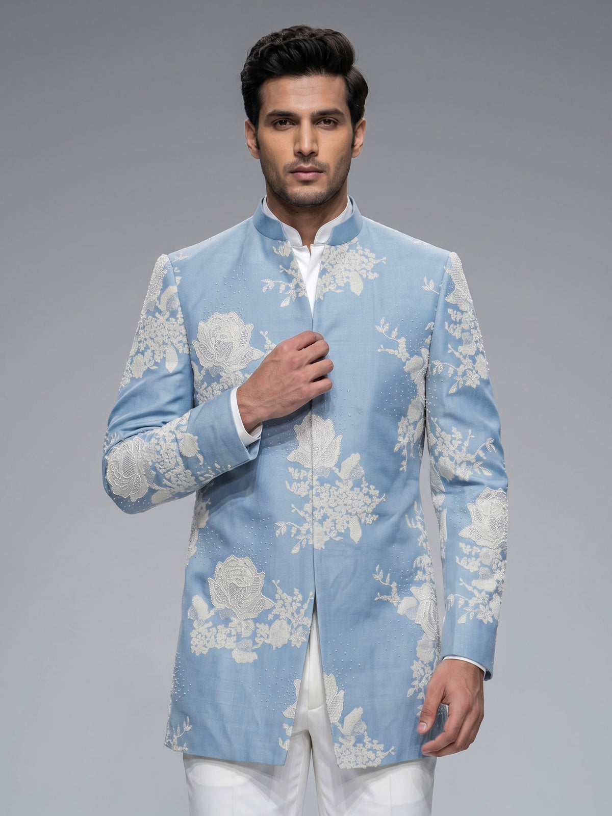 Pastel powder blue brocade silk mens indo western jacket