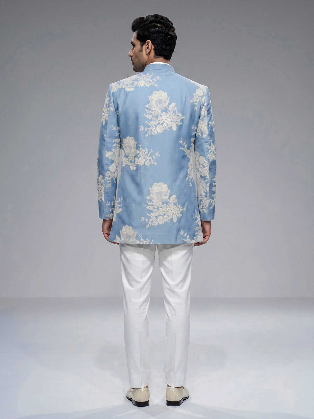 Pastel powder blue brocade silk mens indo western jacket