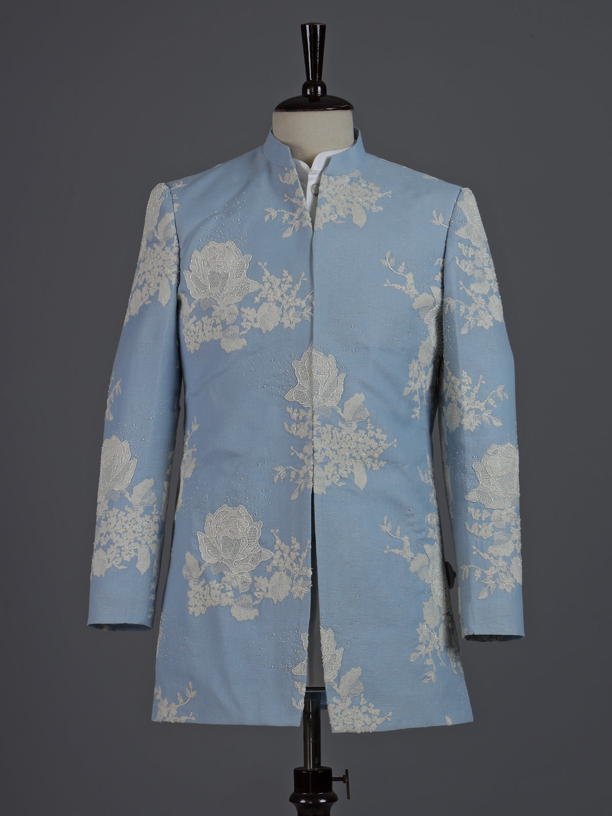 Pastel powder blue brocade silk mens indo western jacket