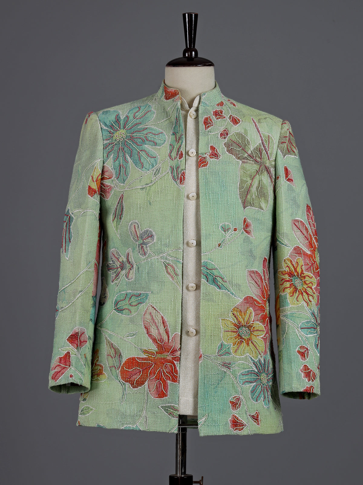 Seafoam green floral jute linen mens indo western jacket