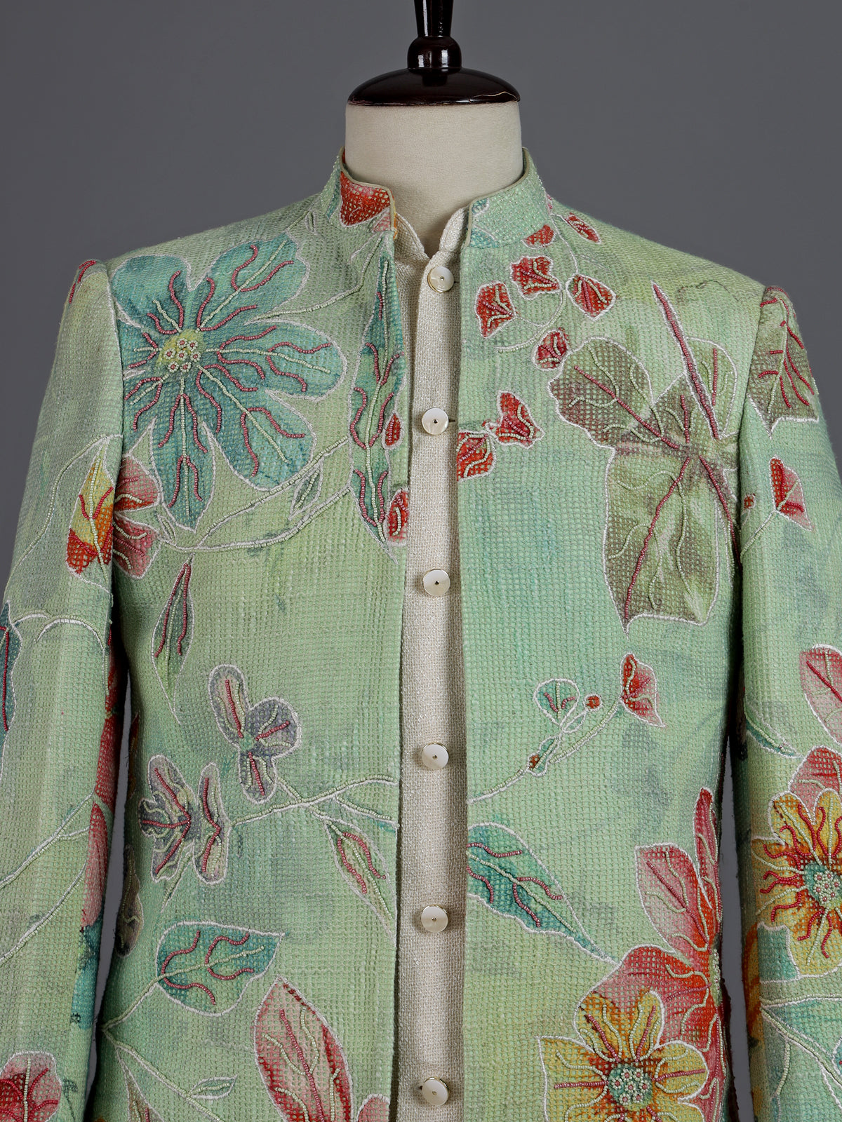 Seafoam green floral jute linen mens indo western jacket