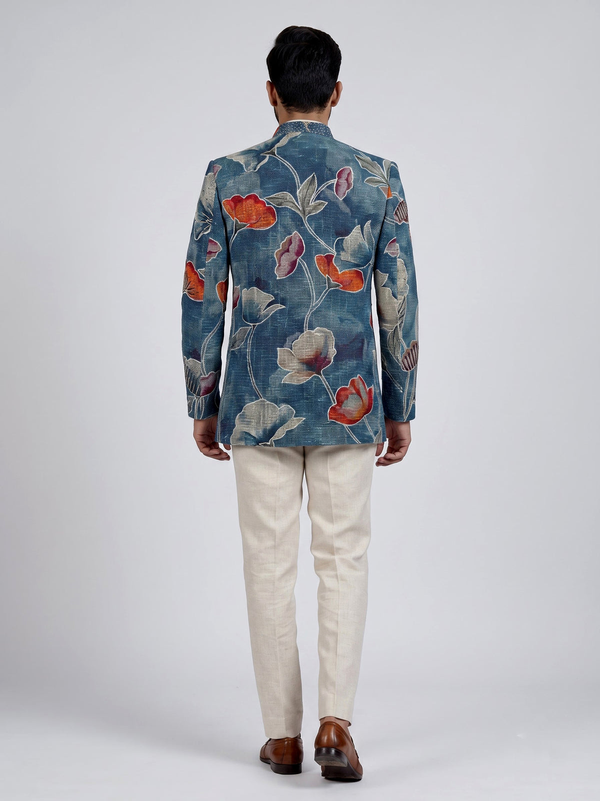 Teal blue floral jute linen mens indo western jacket