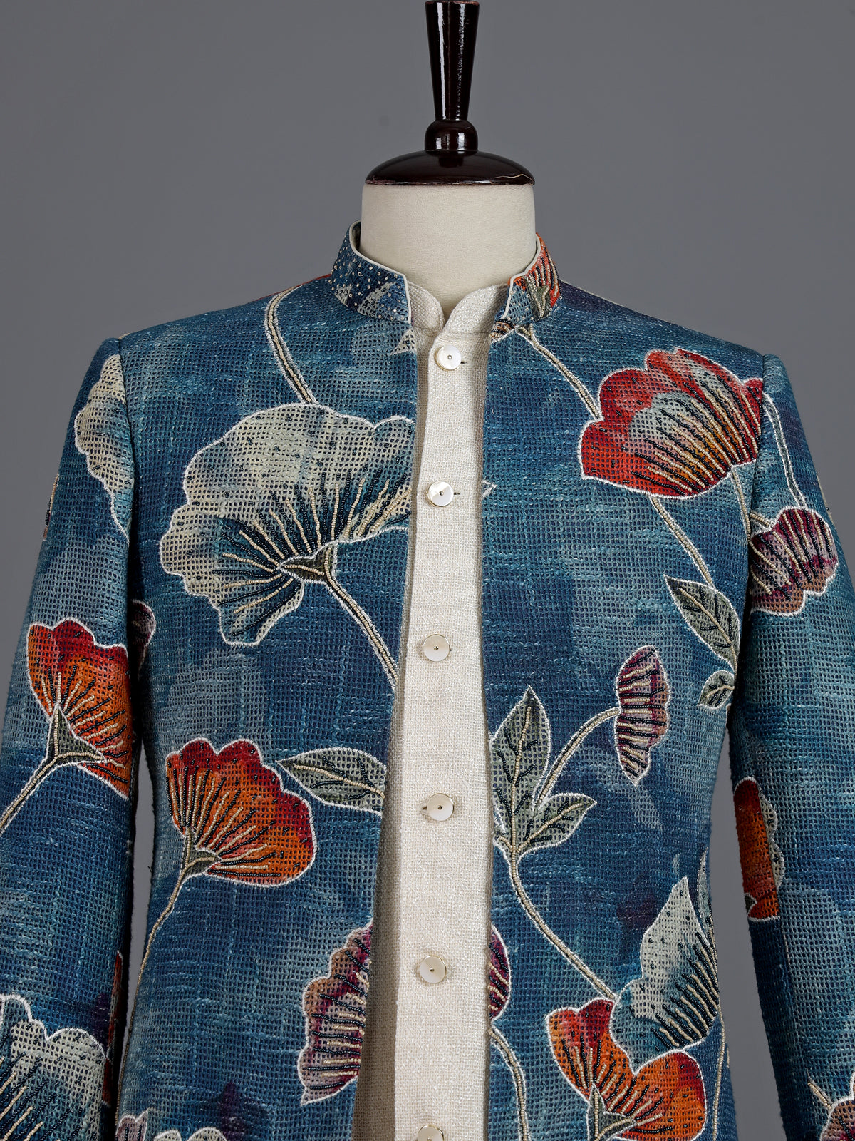 Teal blue floral jute linen mens indo western jacket