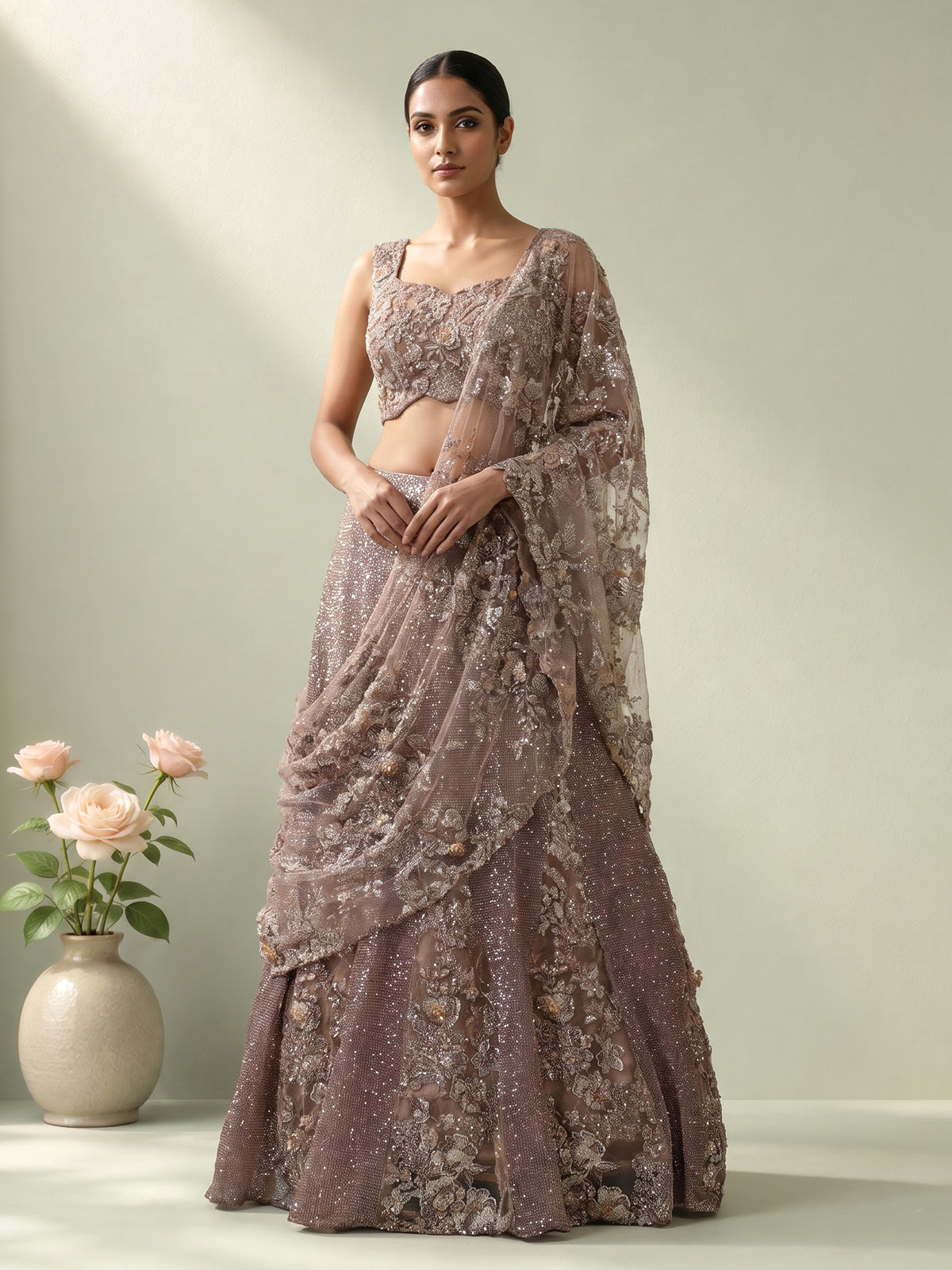 Mehendi green mirror embellished silk lehenga choli
