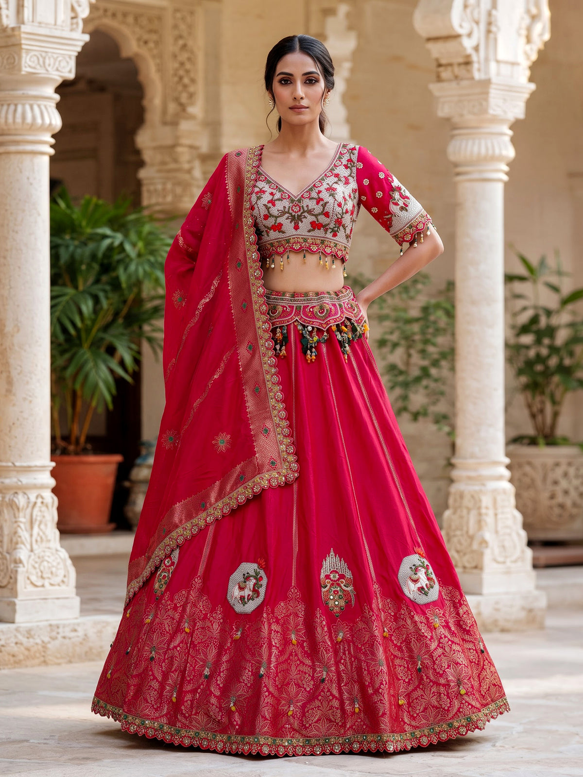 Rani pink silk dupion embellished lehenga choli for women