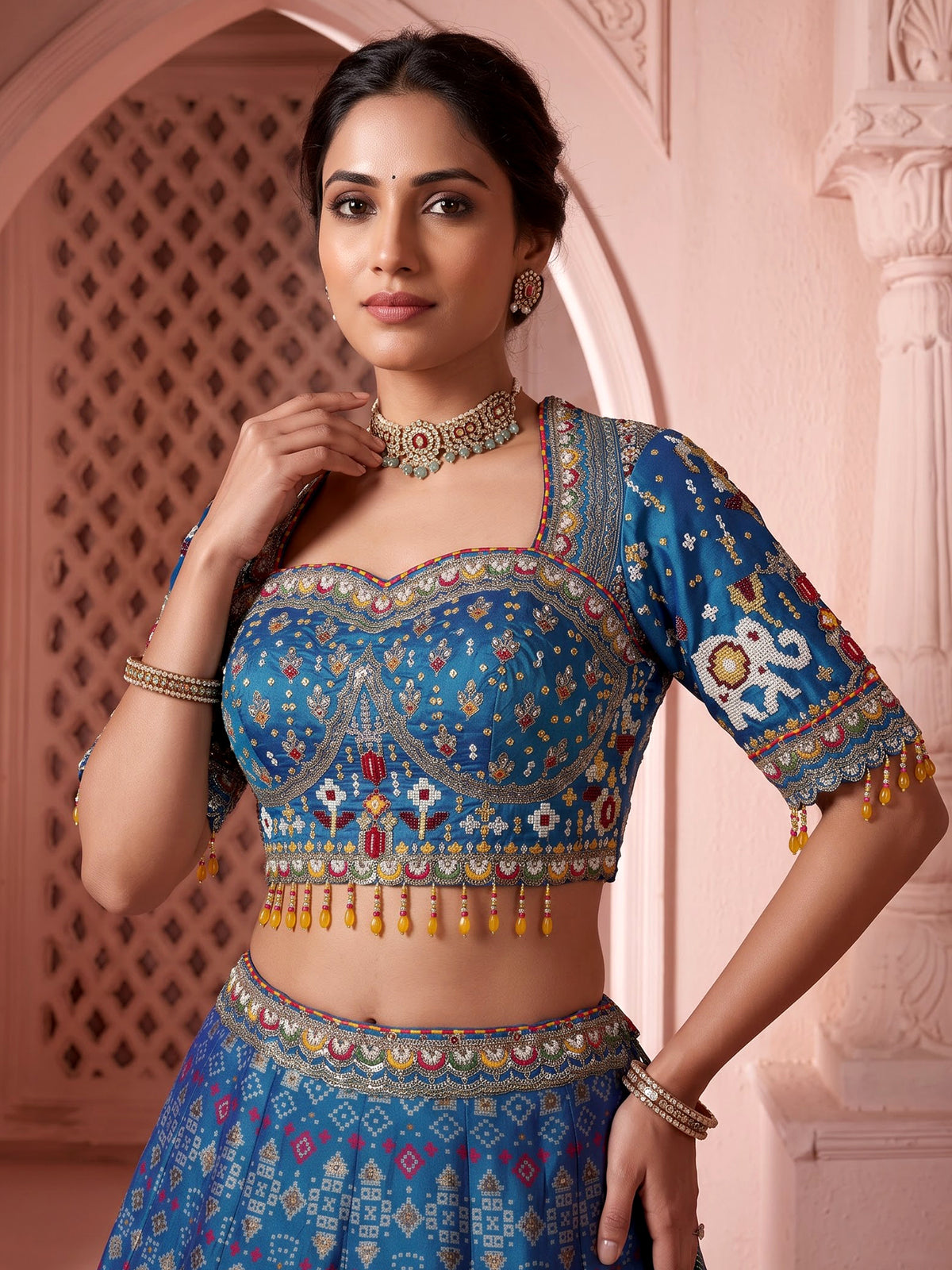 Rama blue gajji silk embroidered lehenga choli for women