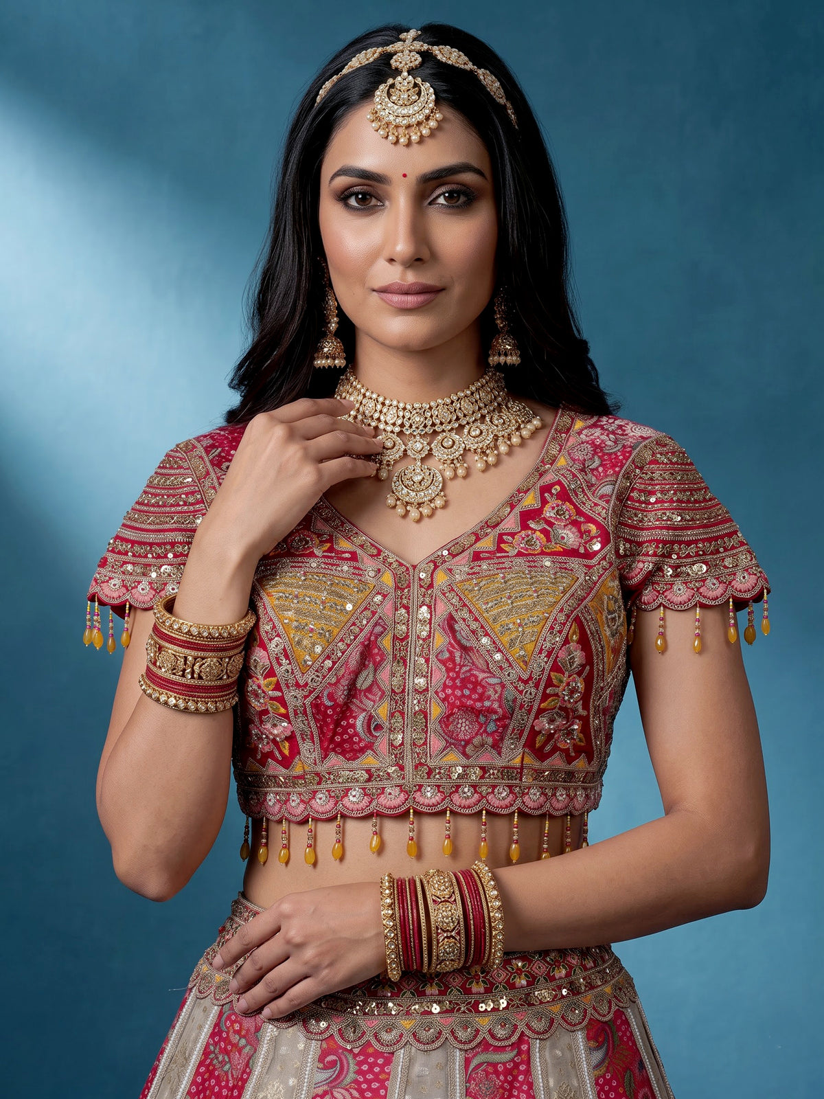 Rani pink silk bandhani bridal lehenga choli for women