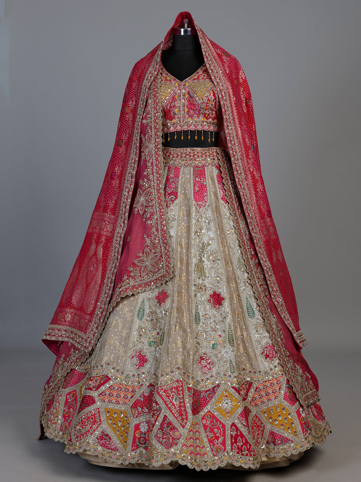 Rani pink silk bandhani bridal lehenga choli for women