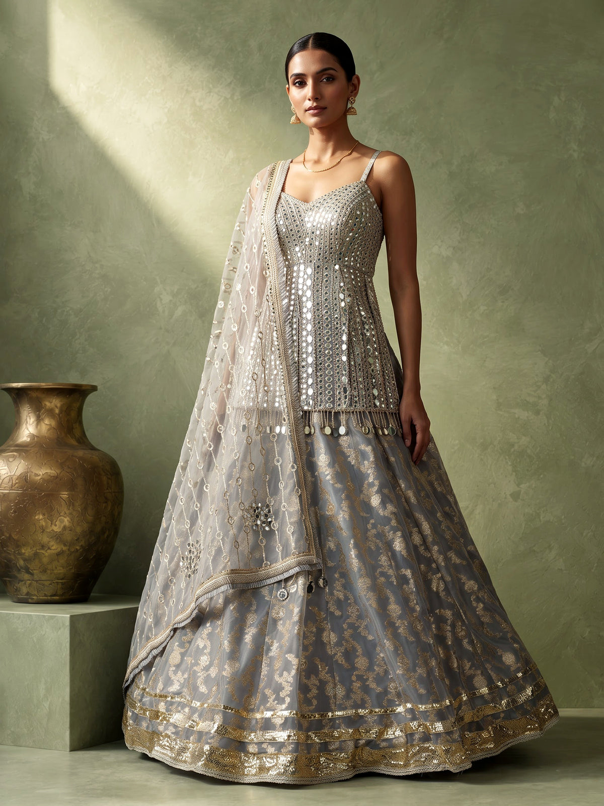 Ice blue mirror zardosi women’s organza silk lehenga choli
