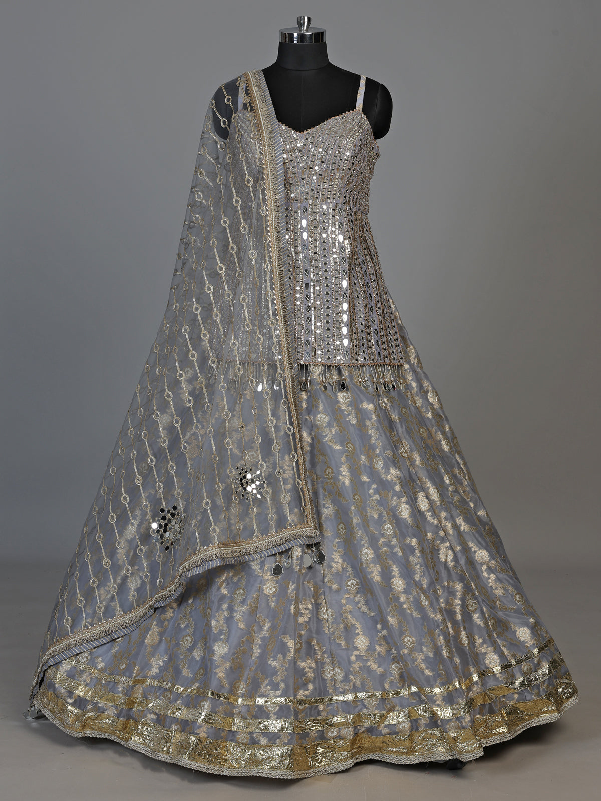 Ice blue mirror zardosi women’s organza silk lehenga choli