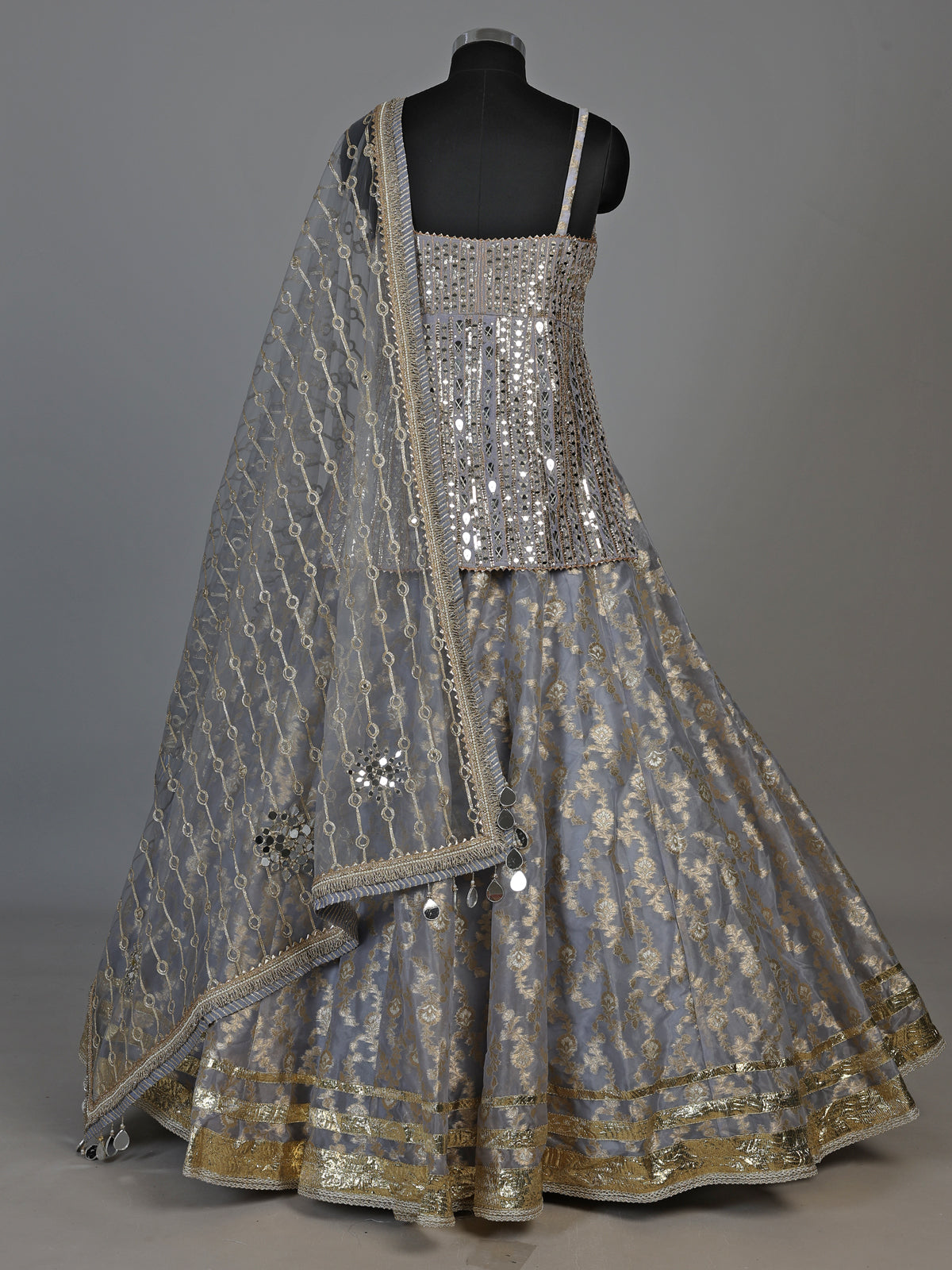 Ice blue mirror zardosi women’s organza silk lehenga choli