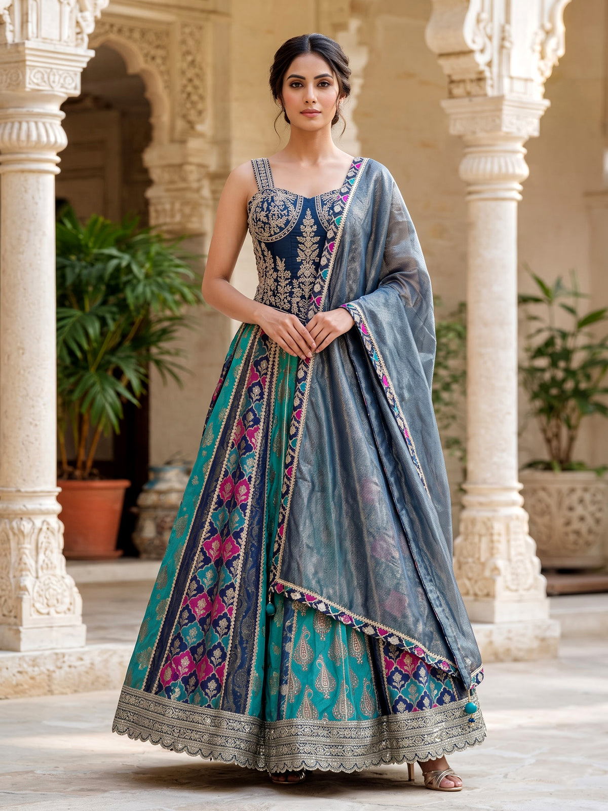 Navy blue zardosi embellished women’s raw silk lehenga choli