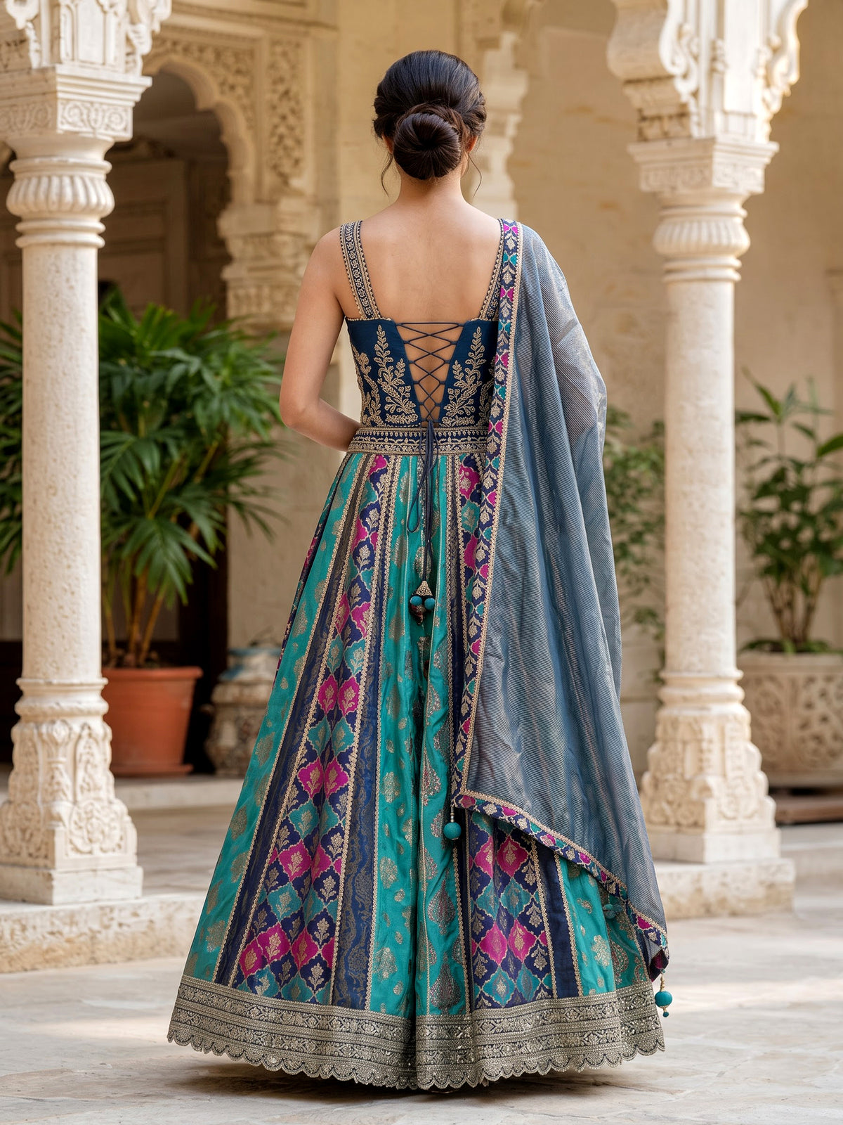 Navy blue zardosi embellished women’s raw silk lehenga choli