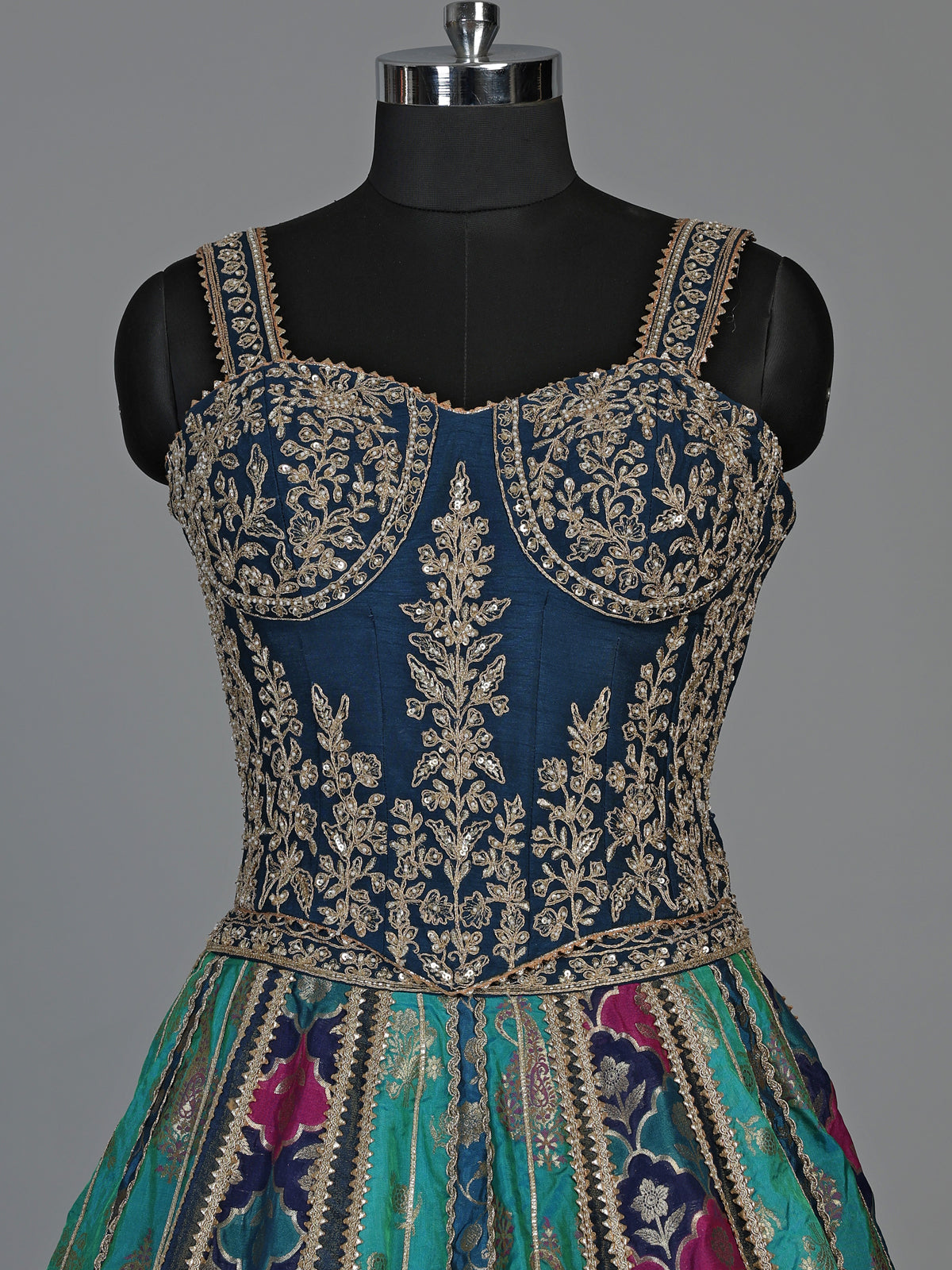 Navy blue zardosi embellished women’s raw silk lehenga choli