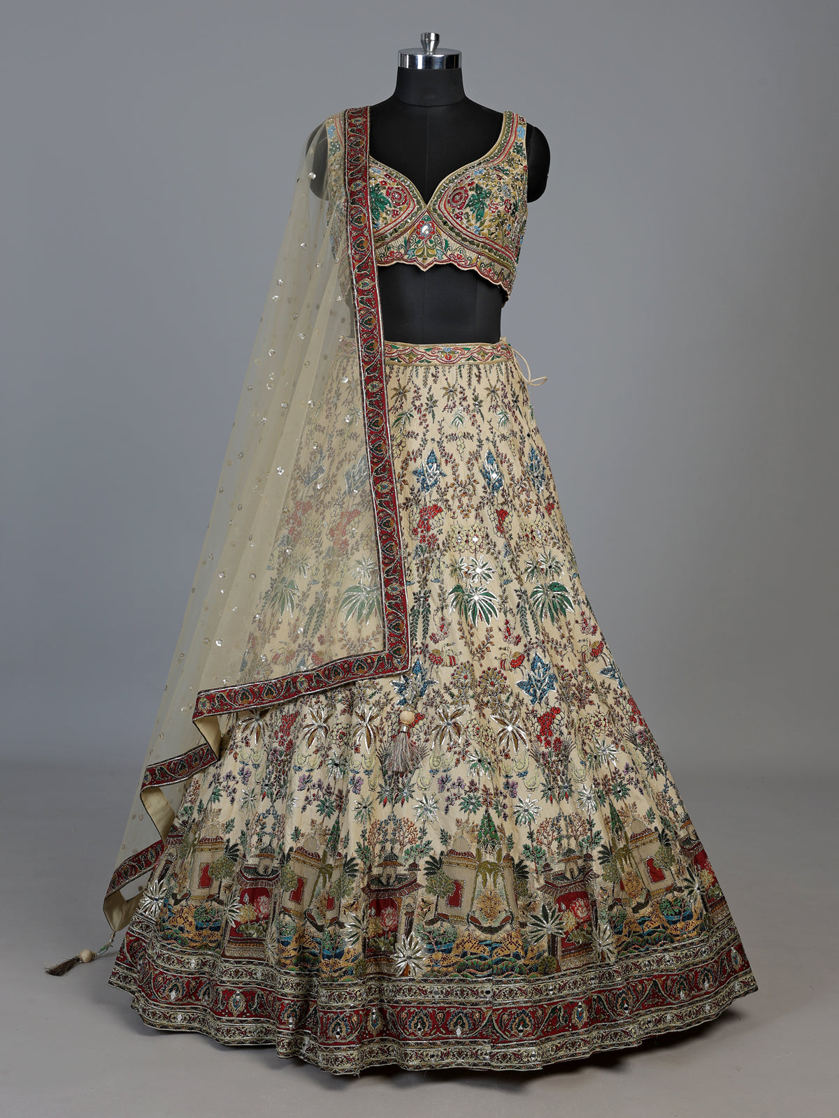 Beige silk royal heritage printed lehenga choli for women