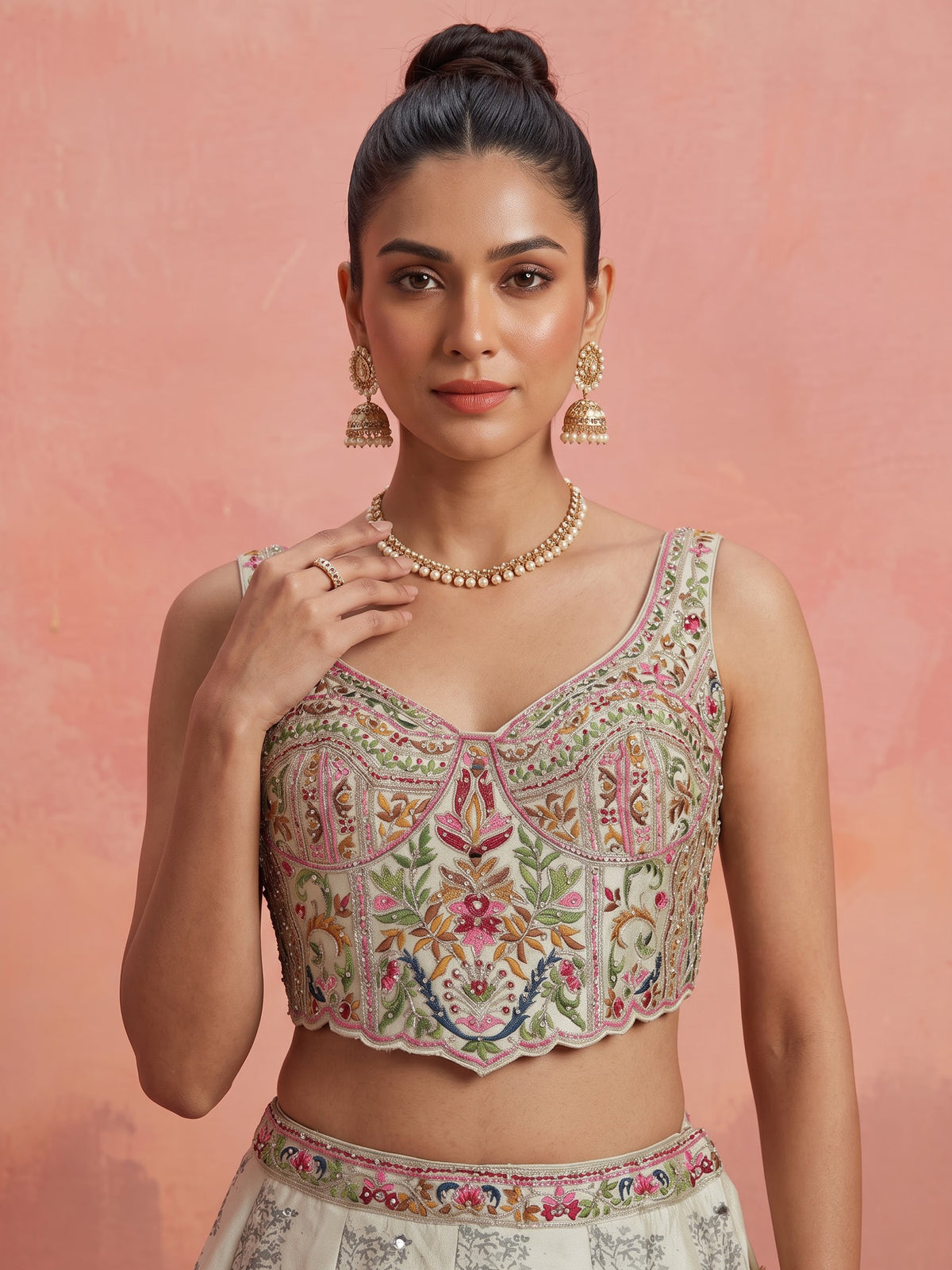 Cream silk jacquard heritage embroidered lehenga for women